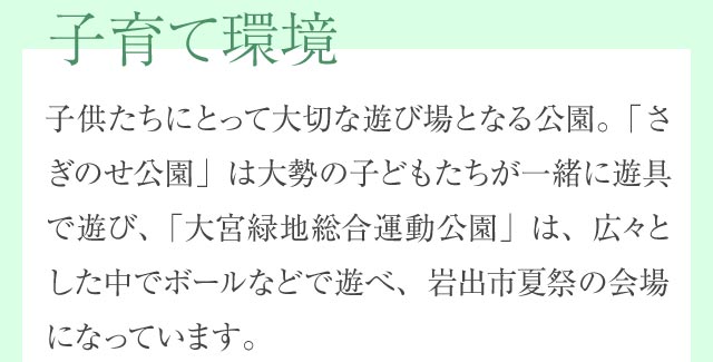 子育て環境 子供たちにとって大切な遊び場となる公園。「さぎのせ公園」は大勢の子どもたちが一緒に遊具で遊び、「大宮緑地総合運動公園」は、広々とした中でボールなどで遊べ、岩出市夏祭の会場になっています。