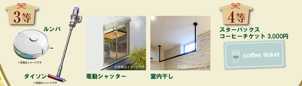 3等「ルンバ」「ダイソン」「電動シャッター」「室内干し」4等「スターバックス コーヒーチケット3,000円」