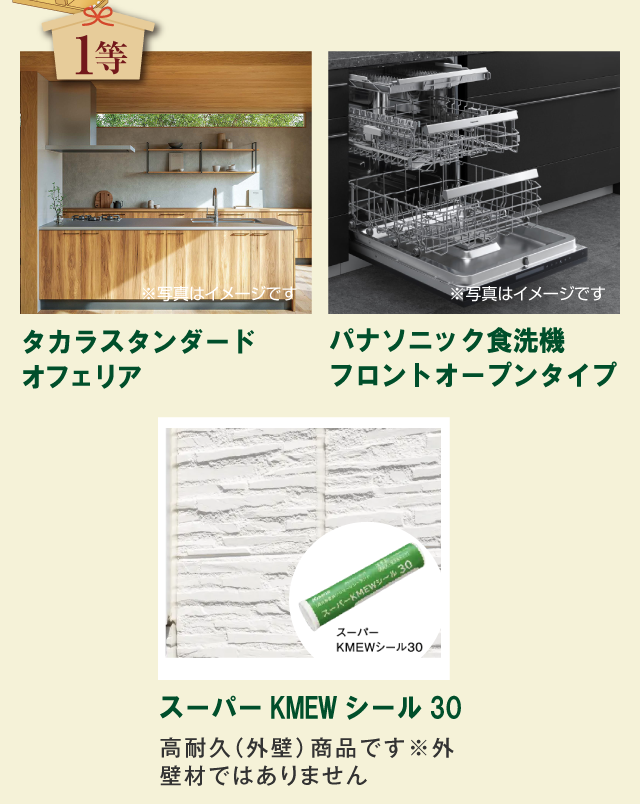 1等「タカラスタンダード オフェリア」「パナソニック食洗機 フロントオープンタイプ」「スーパーKMEWシール30」